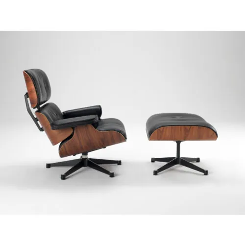Poltrona Eames in palissandro e pelle nera - Riedizione